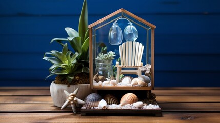 Coastal-themed miniature display in glasshouse with seashells, plants, and a small Adirondack chair on wooden background, perfect for beach decor.