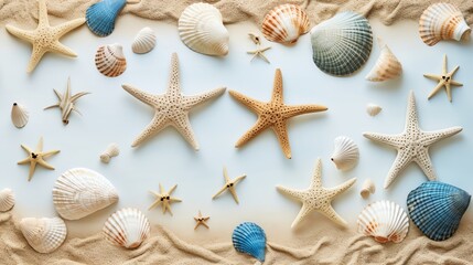Collection of starfish and seashells arranged on sand background, creating a summer themed coastal decoration image.