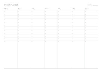 A weekly plan design template in a modern, simple, and minimalist style. Note, scheduler, diary, calendar, planner document template illustration.