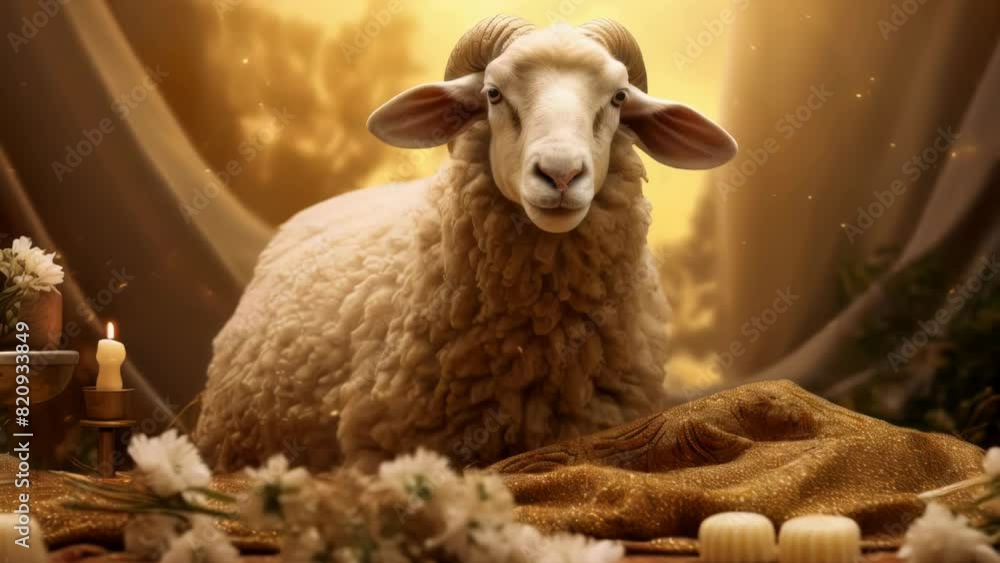 Poster a sheep is laying on a table with candles and flowers. the sheep is looking at the camera with a cur