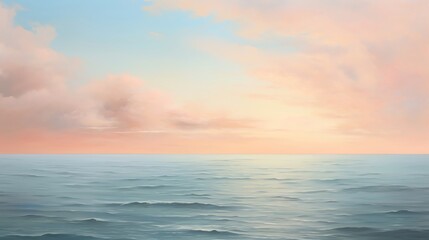 Serene ocean painting with calm waves and pastel sunset sky, capturing tranquility and natural beauty in an ethereal coastal scene.