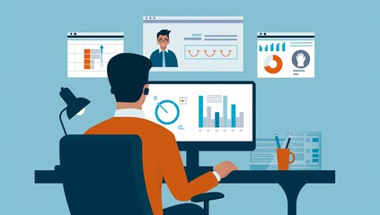 A man is sitting at a desk with a computer monitor in front of him generated by AI