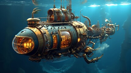 Steampunk submarine navigating deep ocean, with intricate mechanical details and glowing lights, showcasing futuristic and retro design elements.