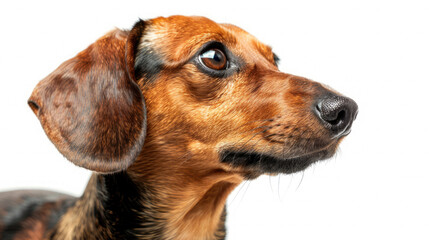Close-up portrait view of brown Dachshund dog head from side view isolated on white background created with Generative AI Technology