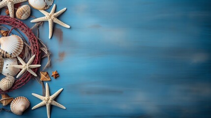 Top view of assortment of seashells, starfish, and marine decor on blue wooden background, offering a nautical theme with empty space for text.