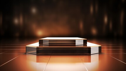 Modern hexagonal platform with warm ambient lighting on polished floor, perfect for product display or presentation backdrop.