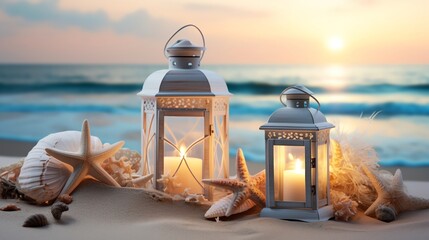 Two lanterns with candles on a sandy beach at sunset, surrounded by starfish and seashells, creating a peaceful coastal ambiance.