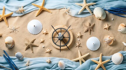 Top view of a beach-themed composition with seashells, starfish, and a ship wheel on sand and blue fabric background.