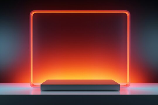 Modern electronic display stand with vibrant red neon light frame on a reflective surface. Ideal for presentations and futuristic designs.