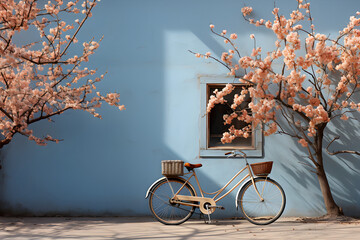 Illustration of a bicycle next to a flowering tree is AI generated