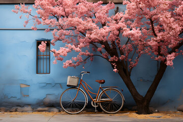 Illustration of a bicycle next to a flowering tree is AI generated