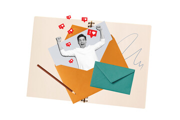 Creative collage image of excited mini black white colors guy inside letter envelope raise fists receive like notification