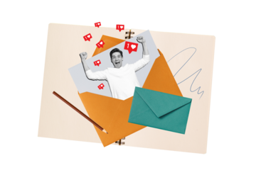 Creative collage image of excited mini black white colors guy inside letter envelope raise fists receive like notification