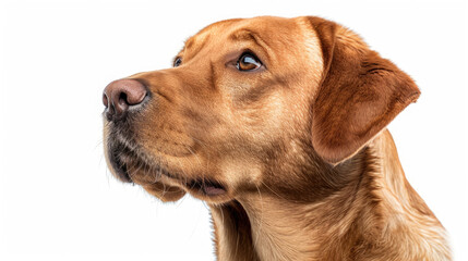Close-up portrait view of brown Labrador Retriever dog head from side view isolated on white background created with Generative AI Technology