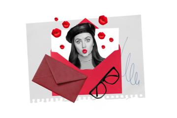 Creative idea photo collage young pretty girl send her picture portrait envelope mail with love wishes send air kisses romantic lettering