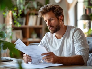 The young man in his home office, with a focused expression, fills out a life insurance application on his laptop among paperwork