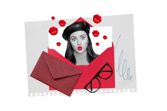 Creative idea photo collage young pretty girl send her picture portrait envelope mail with love wishes send air kisses romantic lettering - Powered by Adobe