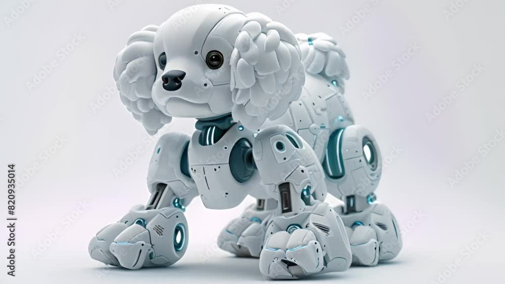 Aufkleber This White robot dog standing on a plain white surface. Futuristic robotic white poodle isolated on white background