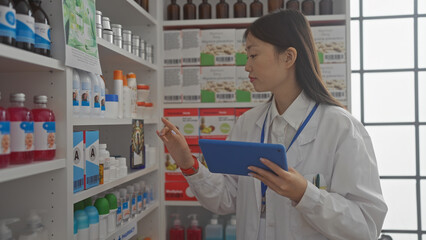 An asian woman pharmacist analyzes products with a tablet in a modern drugstore