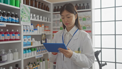 A professional asian woman pharmacist using a tablet in a well-stocked pharmacy with shelves of...
