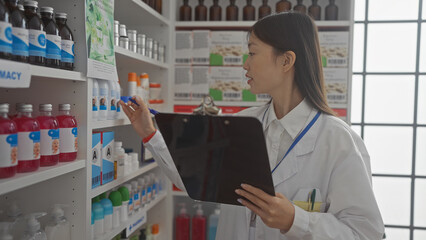 A young asian woman pharmacist is attentively stocking shelves in a modern pharmacy interior