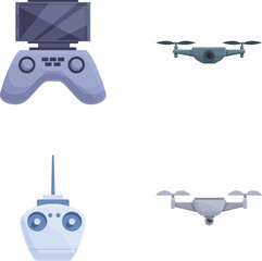 Electronic quadcopter icons set cartoon vector. Drone with integrated camera. Aerial videography