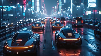 A futuristic city with dedicated lanes for autonomous vehicles,