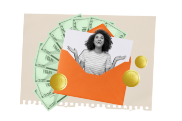 Creative abstract photo illustration collage of cheerful satisfied positive person got salary in envelop isolated drawing background