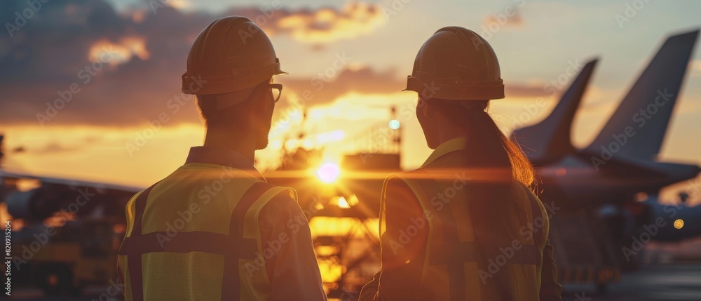 Wall mural two engineers in hard hats looking at an airplane in a hangar. aircraft, maintenance, service