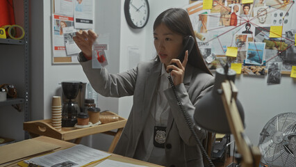 Chinese detective woman analyzes evidence while on the phone in a cluttered office.
