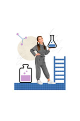 Collage picture little schoolgirl hold molecular formula reagent tube liquid chemistry experimental...
