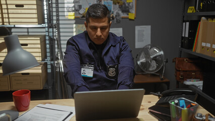 Hispanic detective focused on work at police station office with laptop, badge, and documents.
