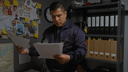 A focused hispanic man reads documents in a detective's office with a case board and filing...