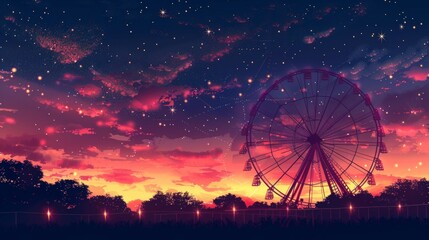 Ferris wheel silhouette against pastel twilight sky with stars emerging in background.