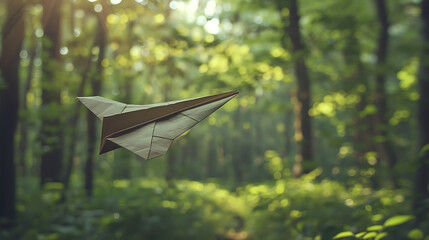 a white paper plane soaring through over the green forest 