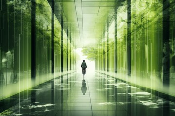 A solitary figure walks through a futuristic green hallway, surrounded by trees and glass reflections, symbolizing innovation and tranquility.