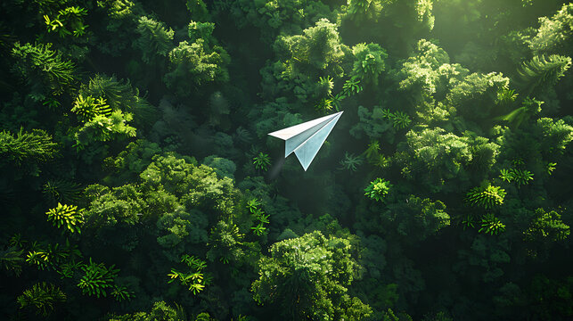 a white paper plane soaring through over the green forest  - low carbon Sustainable aviation fuel concept