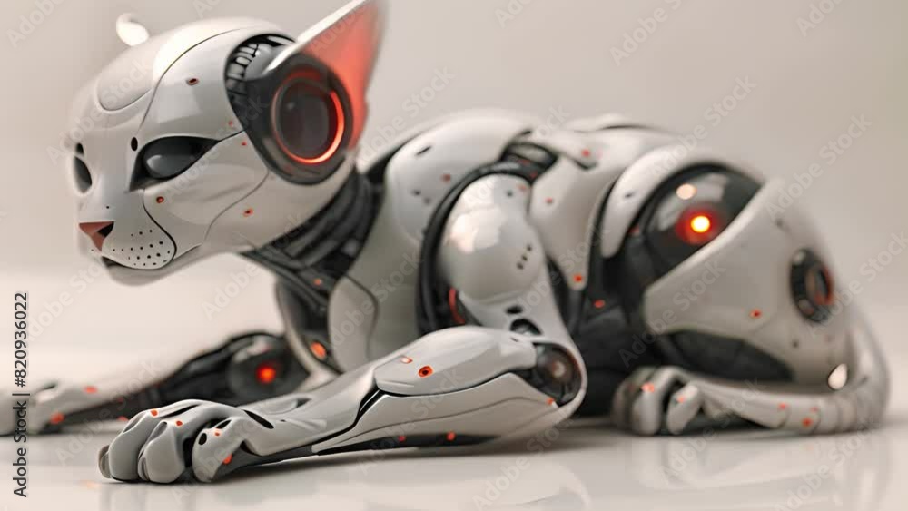 Poster this white robot cat rests comfortably on a white surface. white robot cat laying down on white surf