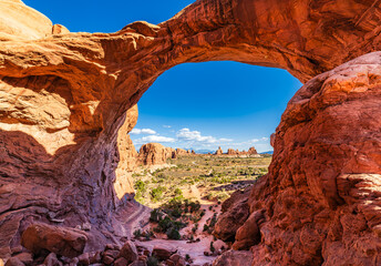 The Windows section of the Arches National park in Utah seen through the Double Arch.