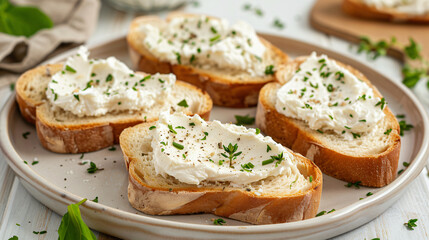 Delicious toasts with cream cheese on plate