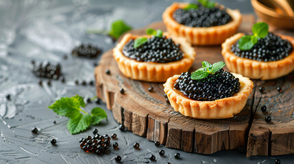 Wooden board of tasty tartlets with black caviar 