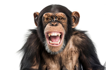 A chimpanzee with a big grin, looking tickled, isolated on a white background