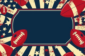 A playful invitation card featuring a cartoon football and a white border, outlined in the red, white, and blue of the American flag. The background is a vibrant blue, perfect for a fun football-theme