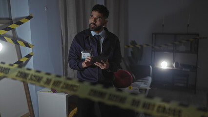 A young hispanic man with a beard taking notes at a night-time indoor crime scene in a living room.