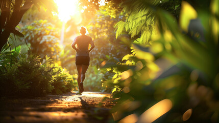 A person jogging outdoors in nature, surrounded by lush greenery and bathed in sunlight - Powered by Adobe