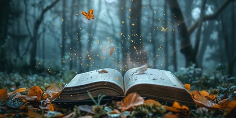a book with a butterfly flying out of it in the woods with leaves on the ground