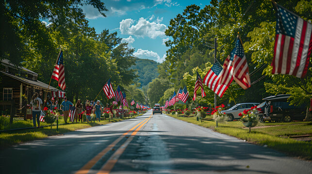 A patriotic Memorial Day parade with participants waving flags and wearing red, white, and blue, to freeze the motion and energy of the event, showcasing the spirit of the day