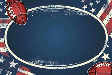 cartoon-style invitation card with a classic American football and a white border, all set against a bright blue background. The design incorporates the red, white, and blue colors of the American fla