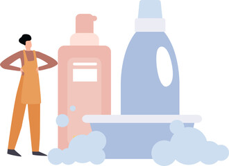 Girl standing with cleaning products.