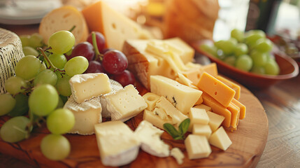 Wooden board with different types of cheese on table c